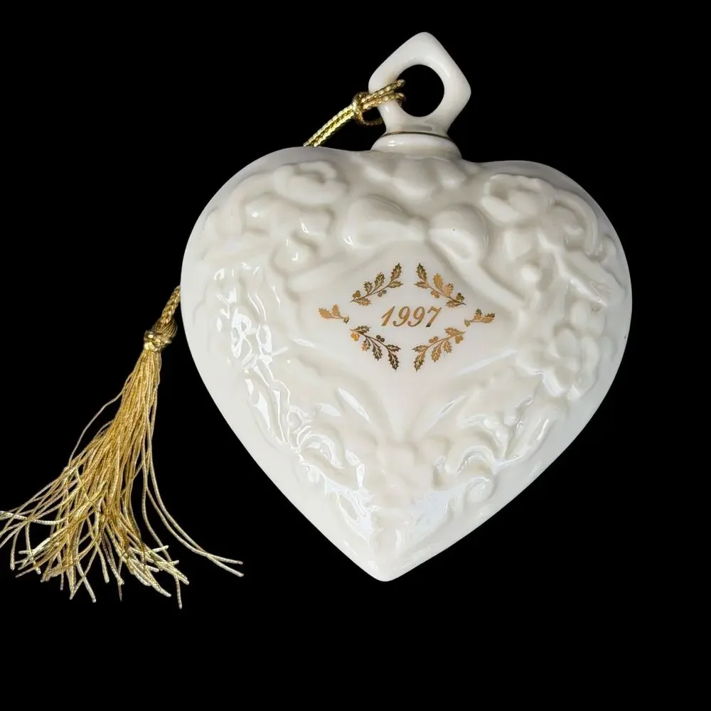 Lenox 1997 Annual Christmas Ornament Porcelain Heart Embossed Gold Tassel Puffy